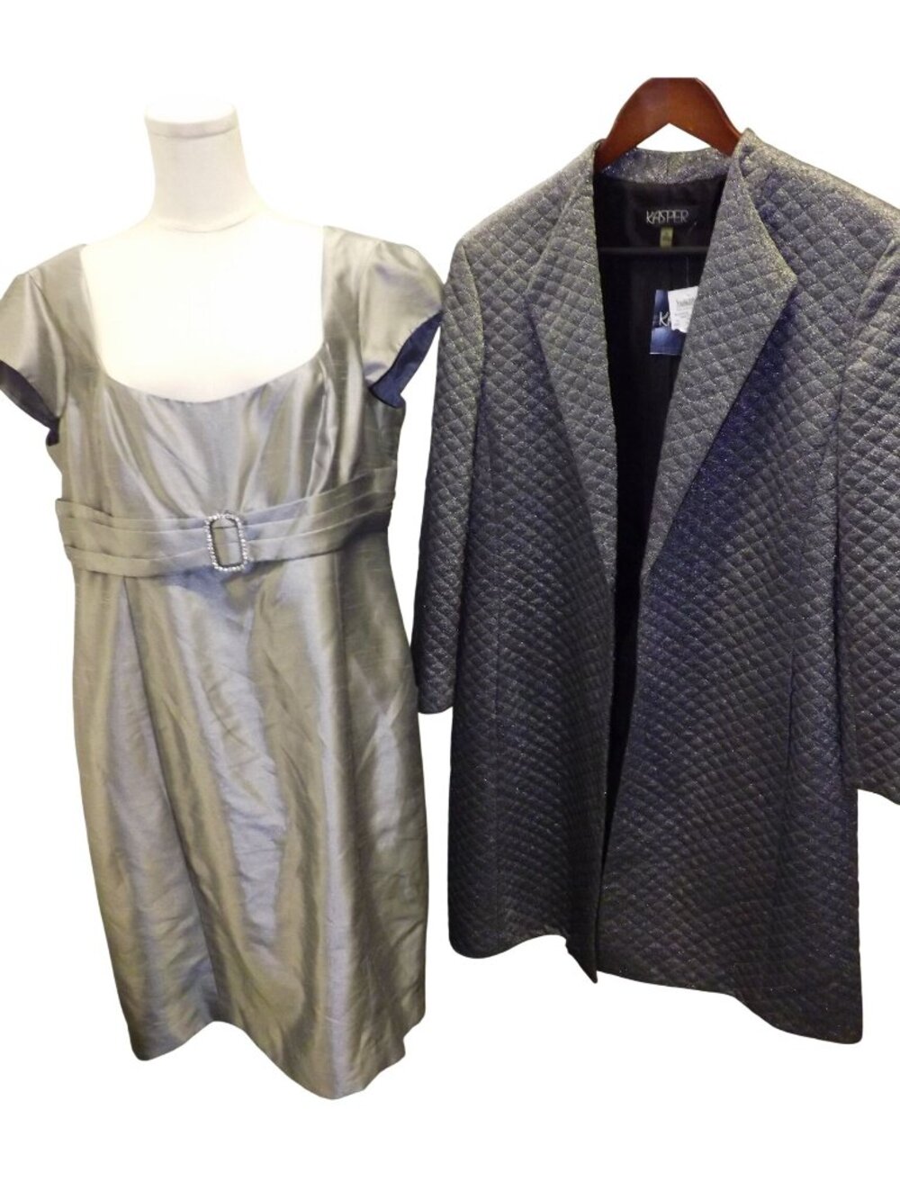 Size 16 Silver Quilted Kasper Jacket & Belted Satin Dress Set Womens Suit Set